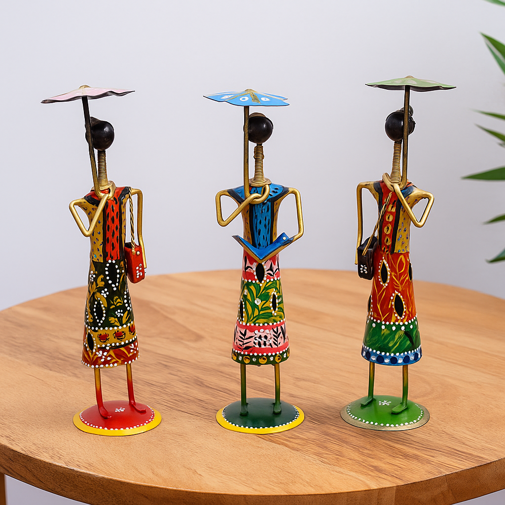 Handcrafted Tribal Women Figurines with Umbrellas – Colorful Iron Art Decor Set (Set of 3)