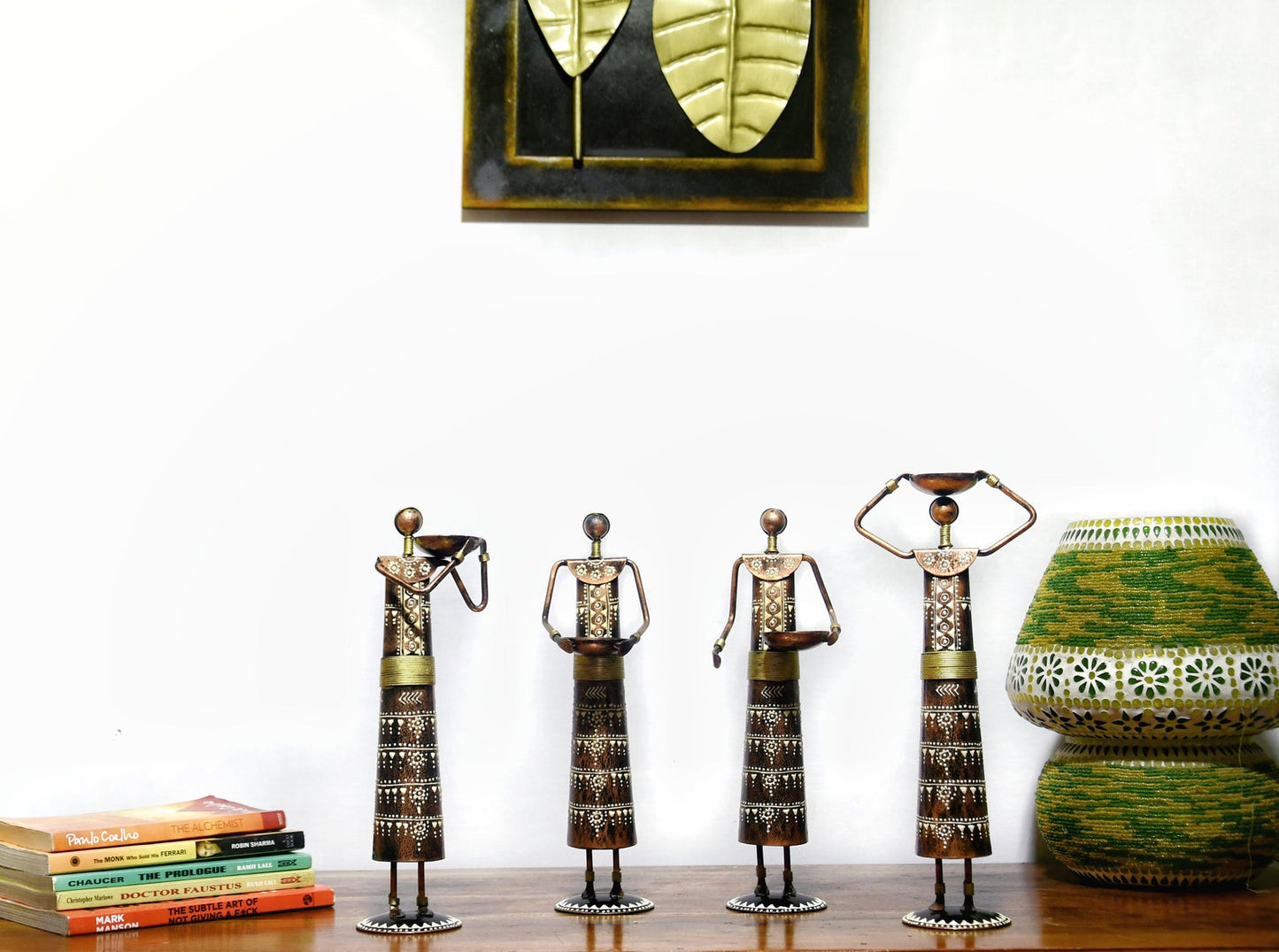 Handcrafted Tribal Metal Figurine Set – Colorful Ethnic Home Décor Accents (Set of 4)
