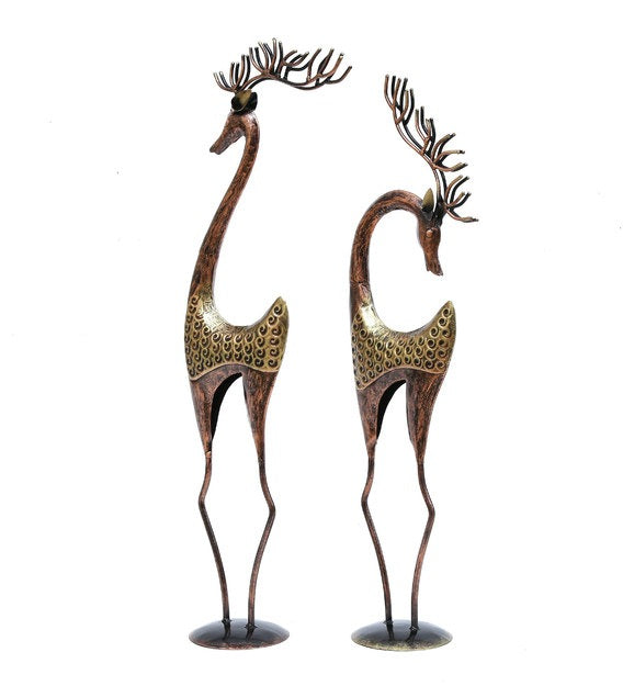 Tall Metal Deer Figurines – Handcrafted Antique Brass Finish Reindeer Set (35 Inch, Set of 2)