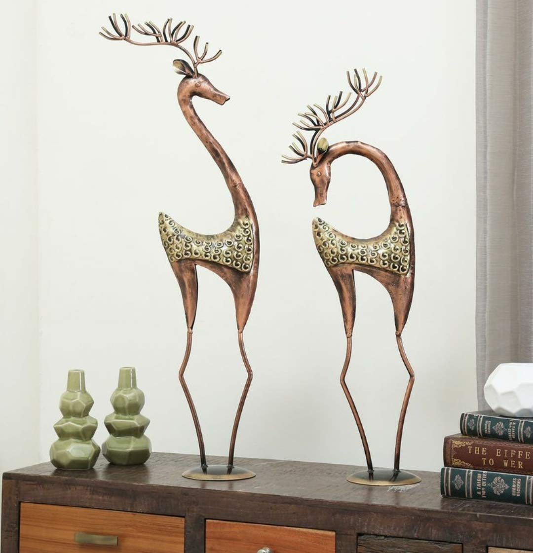 Tall Metal Deer Figurines – Handcrafted Antique Brass Finish Reindeer Set (35 Inch, Set of 2)