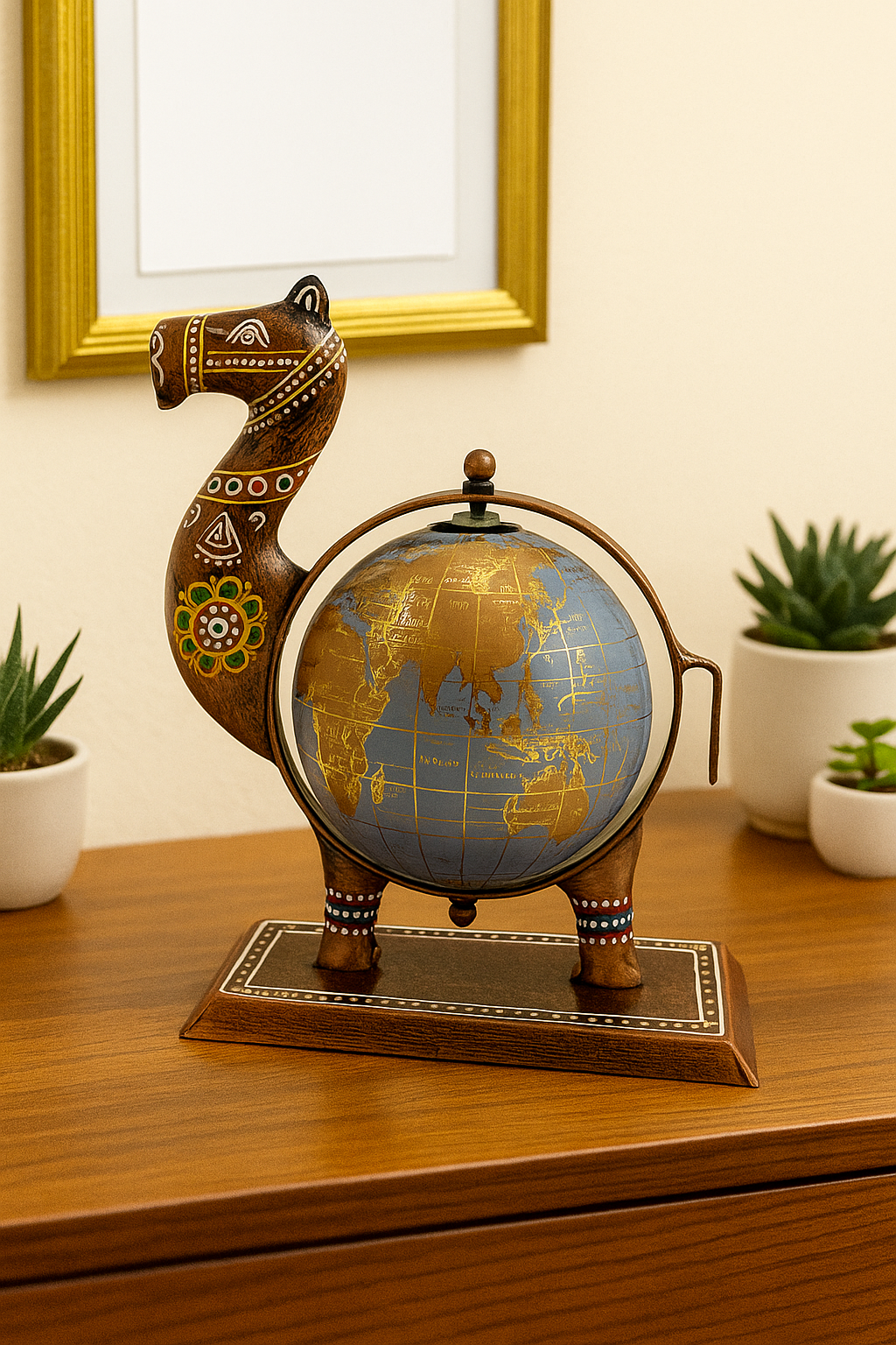 Handcrafted Camel Globe Showpiece – Wooden Desk Decor with World Map | Ethnic Home Accent
