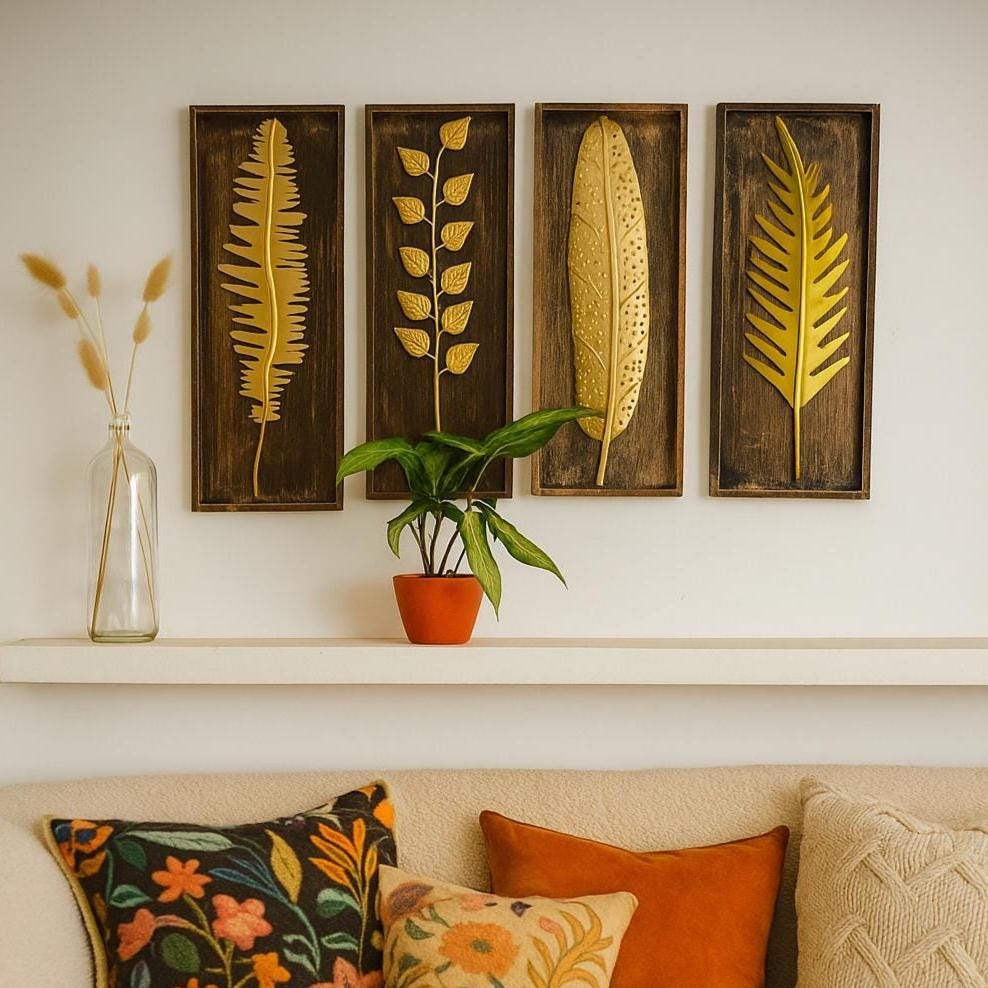 Gold Metal Leaf Wall Art – Set of 4 Panels | Rustic Botanical Wall Decor for Living Room