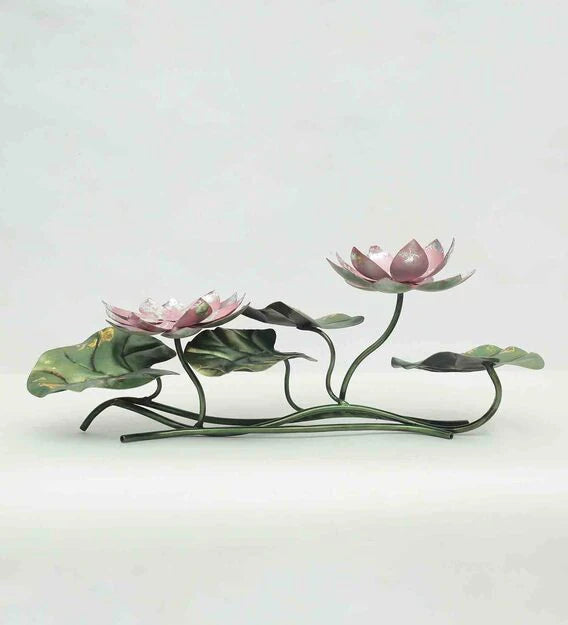 Metal Lotus Flower Table Decor – Pink & Green Handmade Accent