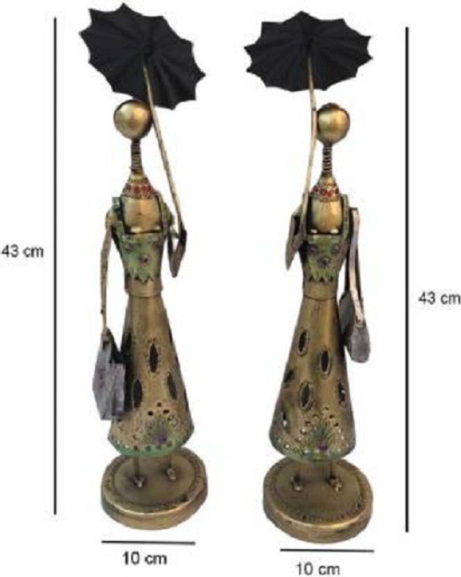 Antique Brass Finish Tribal Women Figurines with Umbrella – Handcrafted Iron Art Decor (Set of 2)