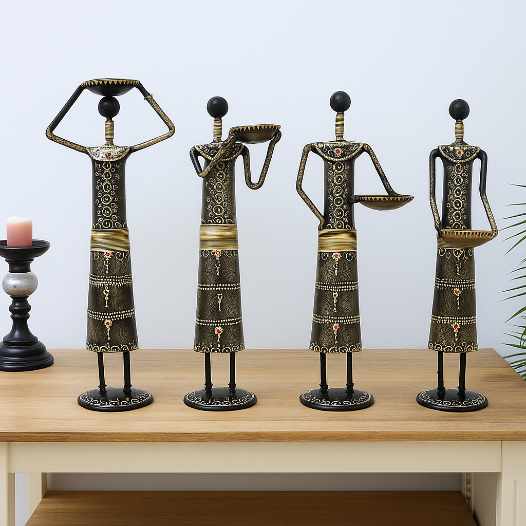 Handcrafted Tribal Metal Figurine Set – Colorful Ethnic Home Décor Accents (Set of 4)