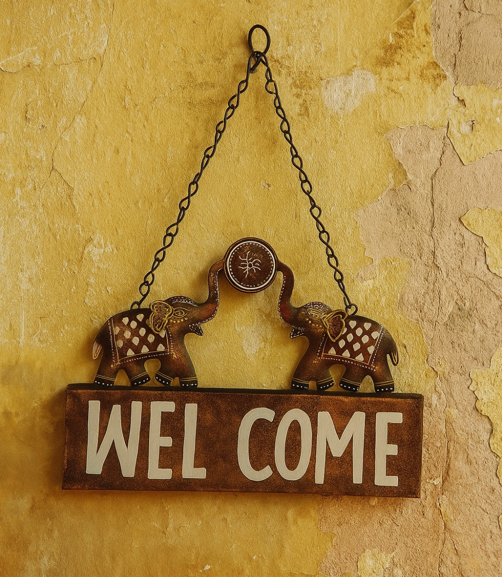 Handcrafted Metal Elephant Welcome Wall Hanging – Rustic Home Entrance Decor