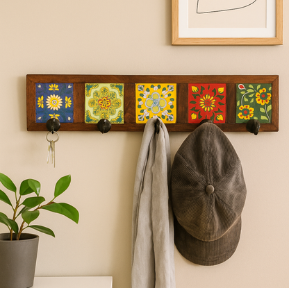 Ceramic Tile Alder Wood Wall Hooks – Decorative Entryway Coat Rack with Sturdy Hooks & Easy Keyhole Hanging