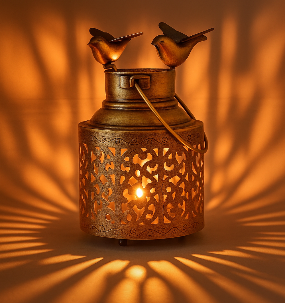 Handcrafted Metal Lantern with Bird Design – Warm Ambient Light Decor for Home & Gifts