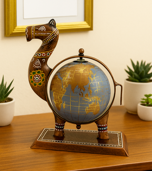 Handcrafted Camel Globe Showpiece – Wooden Desk Decor with World Map | Ethnic Home Accent