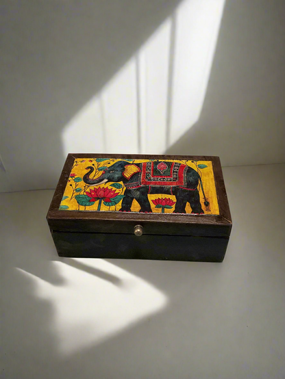 Hand-Painted Wooden Elephant Jewelry Box – Decorative Keepsake Box with Indian Art