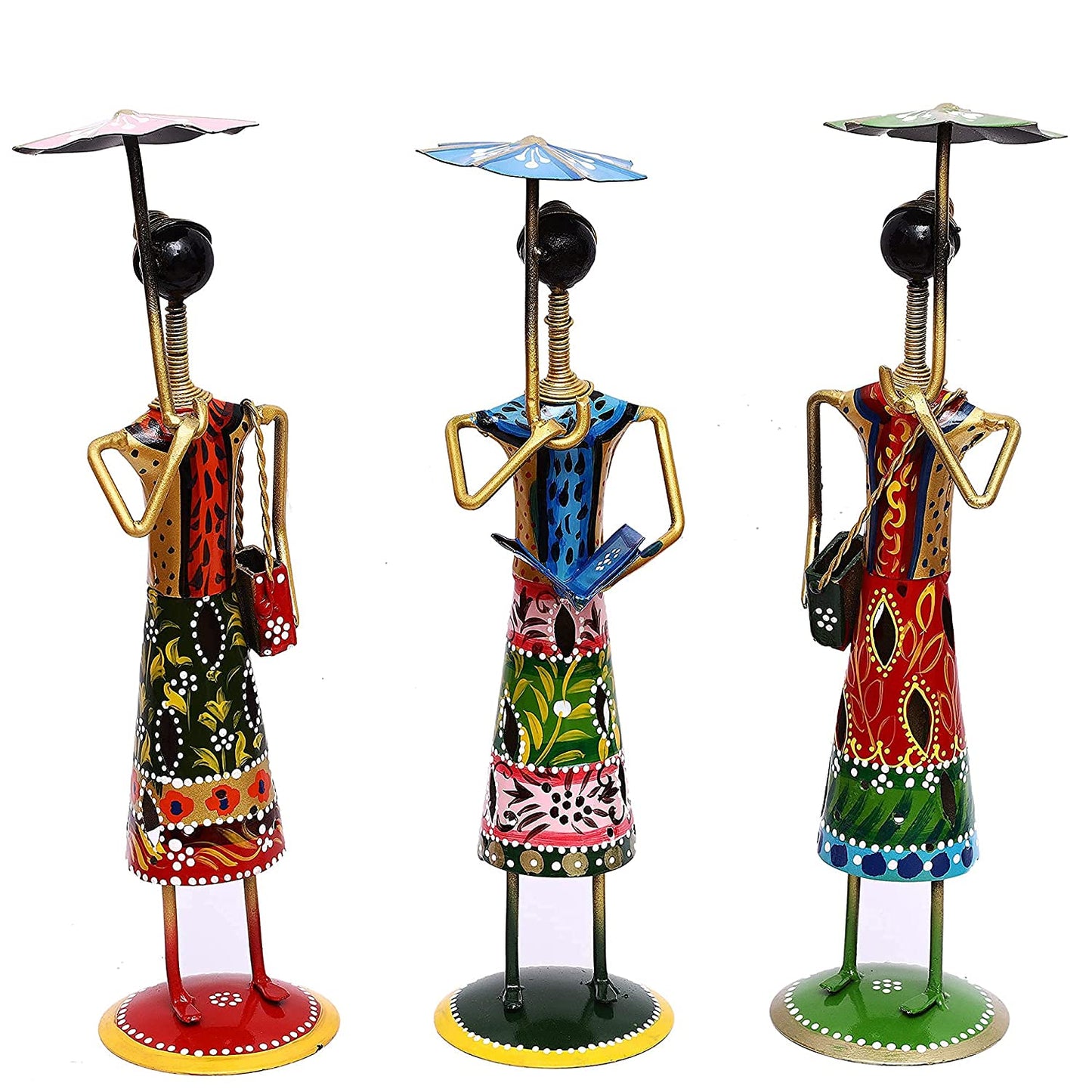 Handcrafted Tribal Women Figurines with Umbrellas – Colorful Iron Art Decor Set (Set of 3)