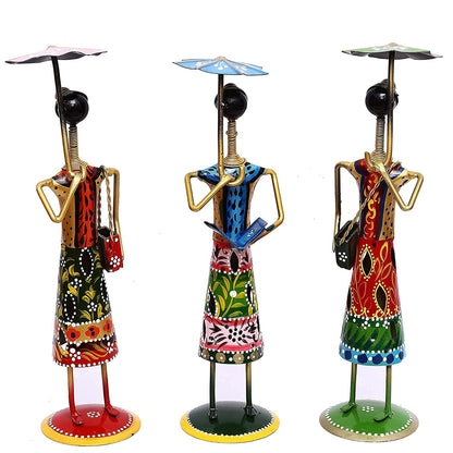 Handcrafted Tribal Women Figurines with Umbrellas – Colorful Iron Art Decor Set (Set of 3)
