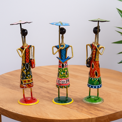 Handcrafted Tribal Women Figurines with Umbrellas – Colorful Iron Art Decor Set (Set of 3)