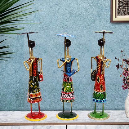 Handcrafted Tribal Women Figurines with Umbrellas – Colorful Iron Art Decor Set (Set of 3)