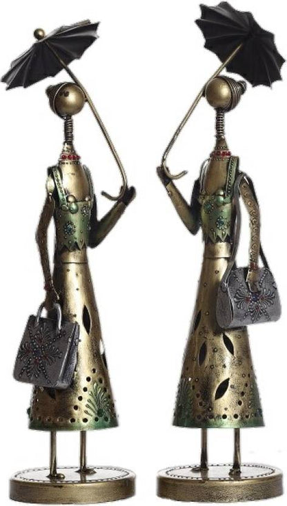 Antique Brass Finish Tribal Women Figurines with Umbrella – Handcrafted Iron Art Decor (Set of 2)