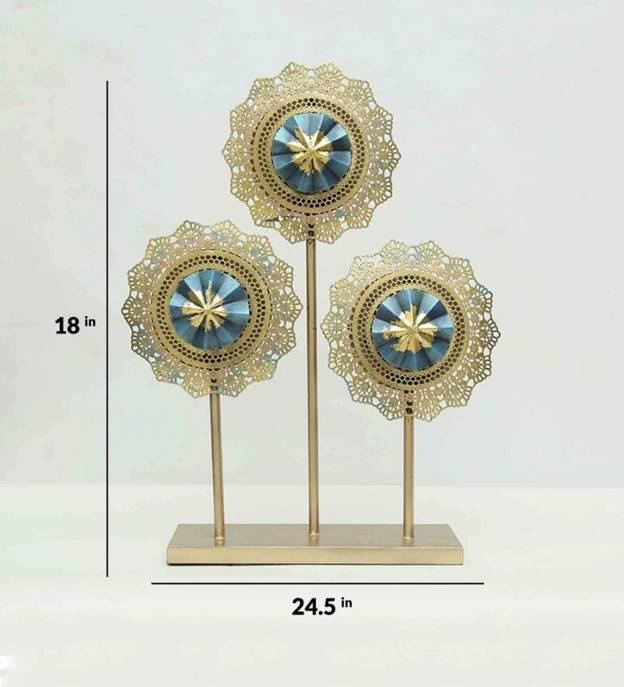 Elegant Blue & Gold Metal Table Decor – 3 Flower Panel Art
