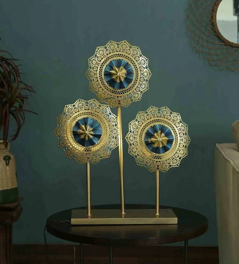 Elegant Blue & Gold Metal Table Decor – 3 Flower Panel Art