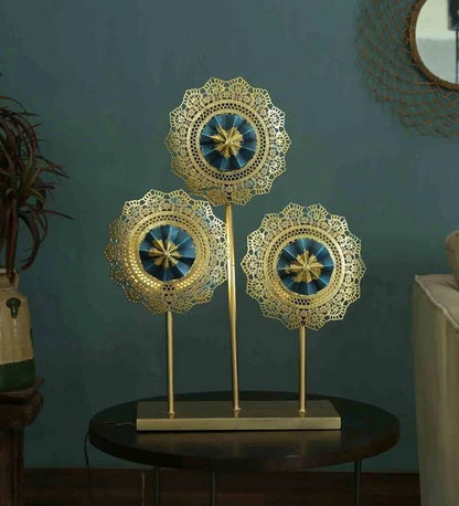 Elegant Blue & Gold Metal Table Decor – 3 Flower Panel Art