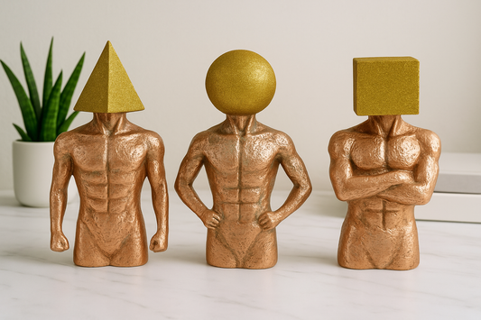 Set of 3 Bronze Geometric Head Sculptures – Modern Tabletop Décor