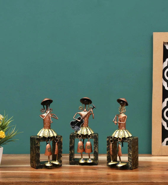 Handcrafted Tribal Musician Bell Figurines – Iron Art Table Decor Set of 3