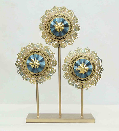 Elegant Blue & Gold Metal Table Decor – 3 Flower Panel Art