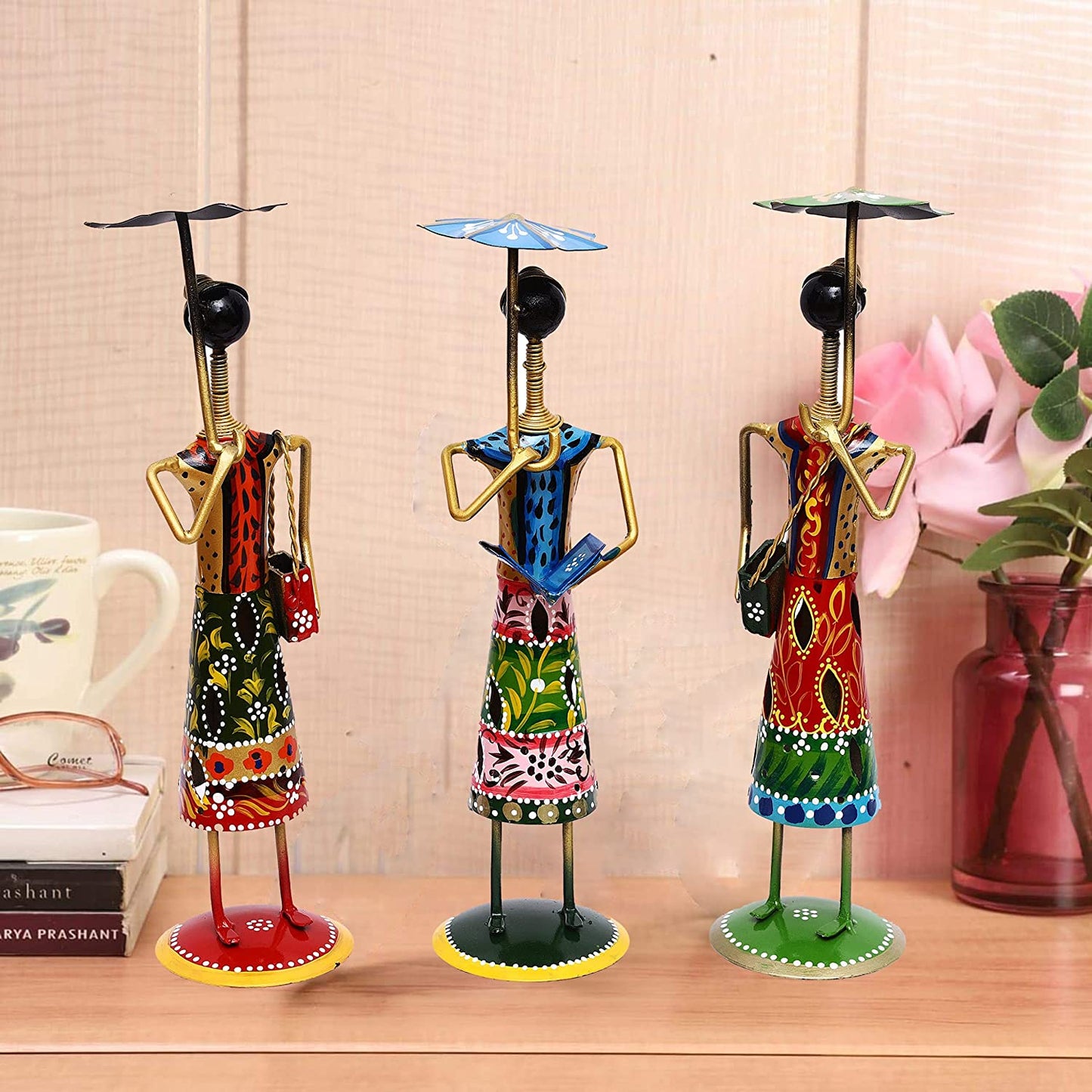 Handcrafted Tribal Women Figurines with Umbrellas – Colorful Iron Art Decor Set (Set of 3)