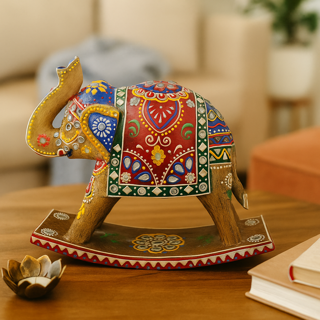 Hand-Painted Wooden Rocking Elephant Showpiece – Ethnic Table Decor