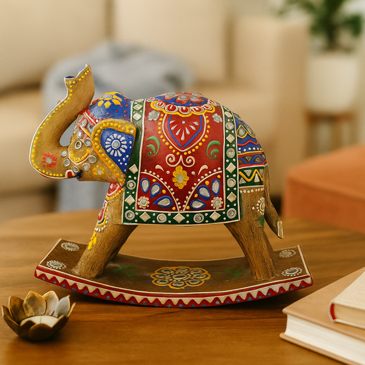 Hand-Painted Wooden Rocking Elephant Showpiece – Ethnic Table Decor