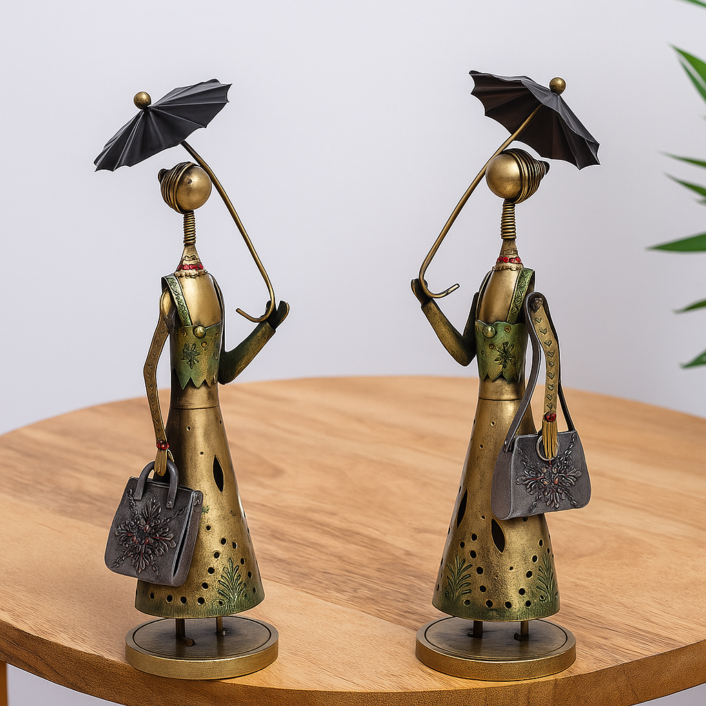 Antique Brass Finish Tribal Women Figurines with Umbrella – Handcrafted Iron Art Decor (Set of 2)