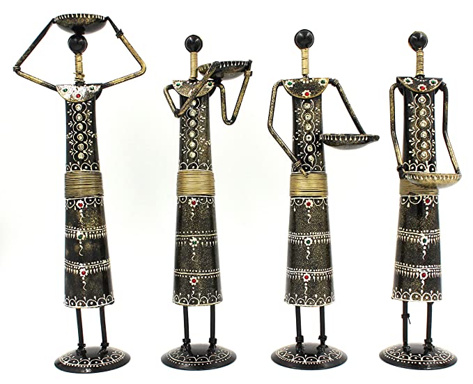 Handcrafted Tribal Metal Figurine Set – Colorful Ethnic Home Décor Accents (Set of 4)