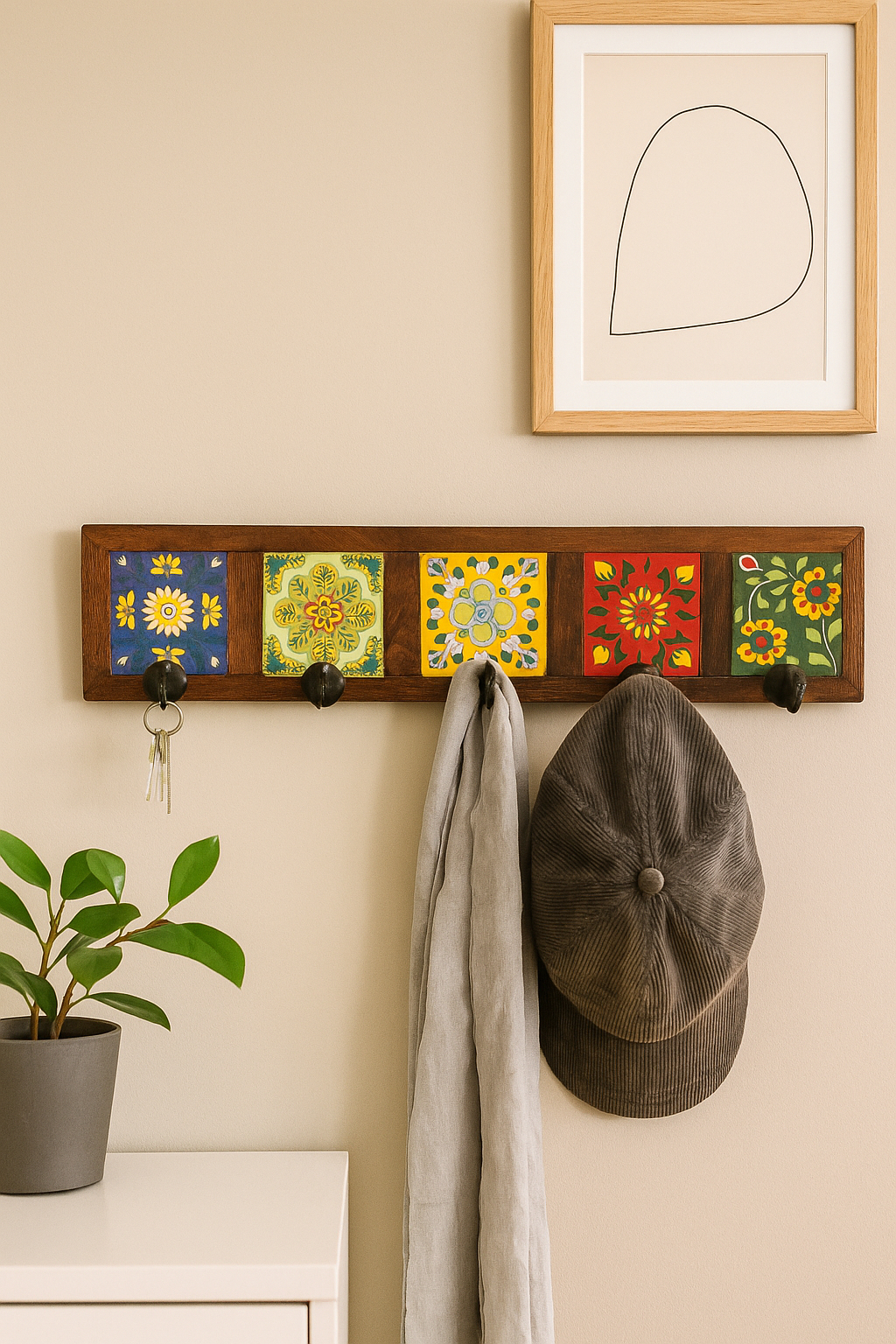 Ceramic Tile Alder Wood Wall Hooks – Decorative Entryway Coat Rack with Sturdy Hooks & Easy Keyhole Hanging