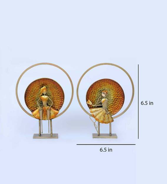 Handcrafted Iron Musician Figurines with Circular Frame – Golden Metal Art Showpiece Set of 2