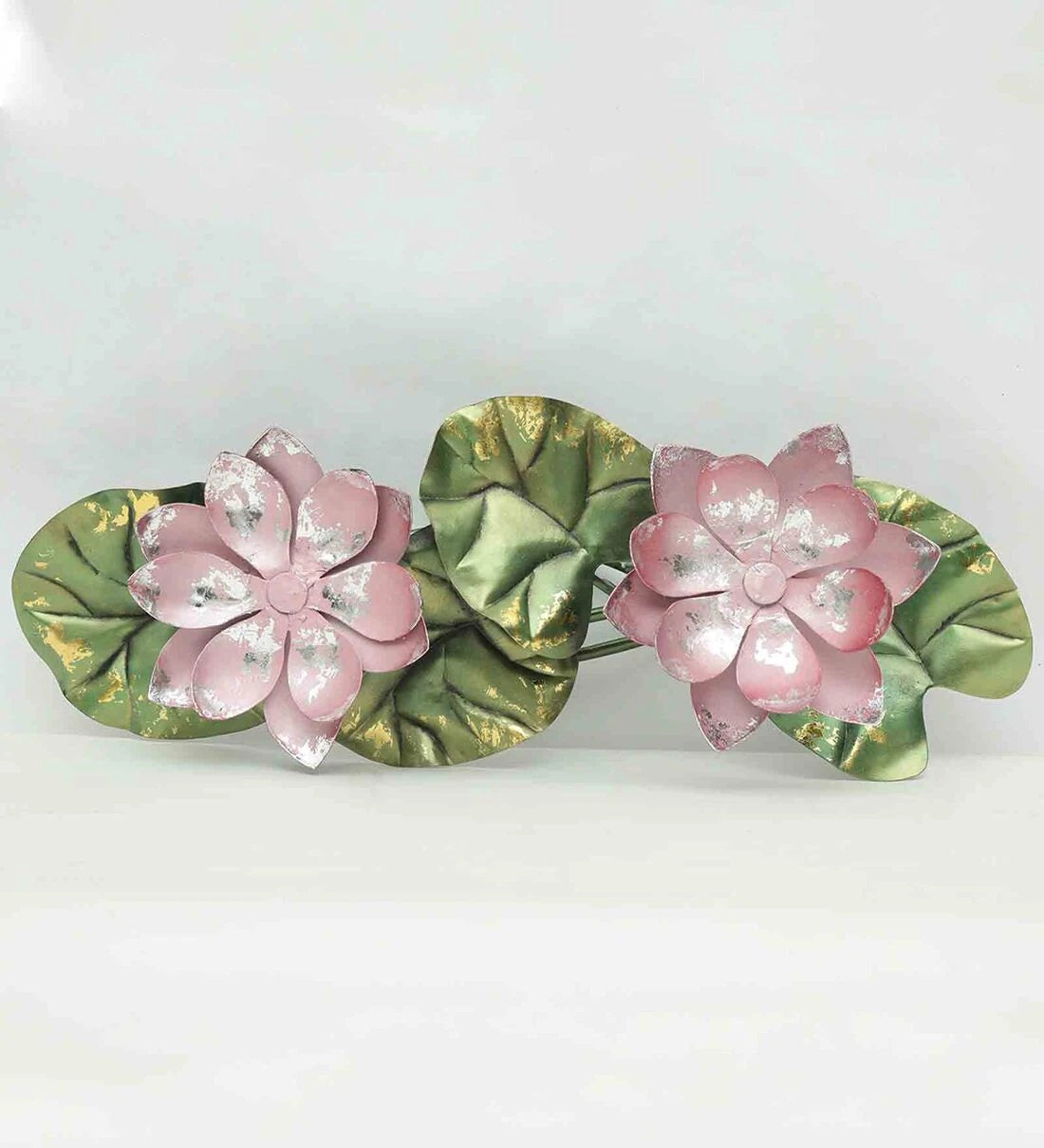 Metal Lotus Flower Table Decor – Pink & Green Handmade Accent