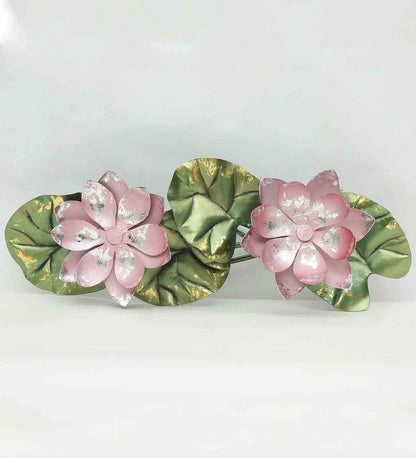 Metal Lotus Flower Table Decor – Pink & Green Handmade Accent