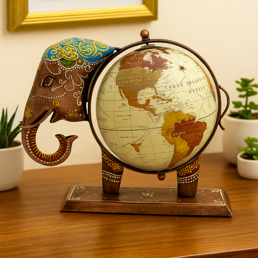 Hand-Painted Elephant Globe Showpiece – Vintage World Map Table Decor