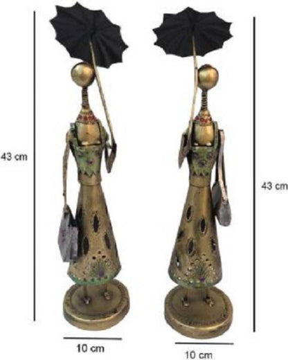 Antique Brass Finish Tribal Women Figurines with Umbrella – Handcrafted Iron Art Decor (Set of 2)