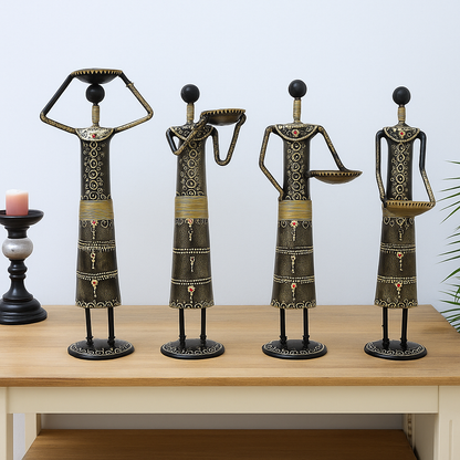 Handcrafted Tribal Metal Figurine Set – Colorful Ethnic Home Décor Accents (Set of 4)