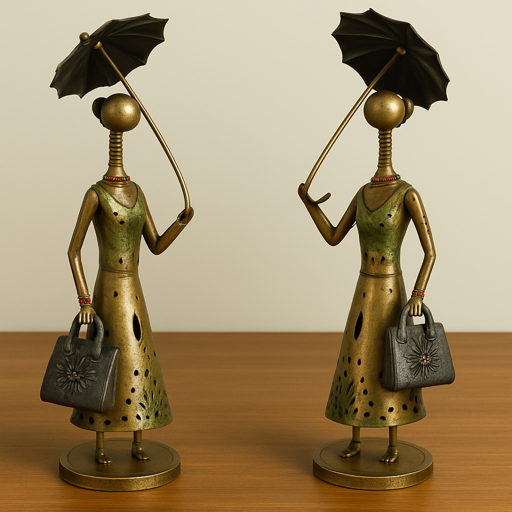 Antique Brass Finish Tribal Women Figurines with Umbrella – Handcrafted Iron Art Decor (Set of 2)