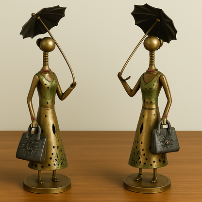 Antique Brass Finish Tribal Women Figurines with Umbrella – Handcrafted Iron Art Decor (Set of 2)