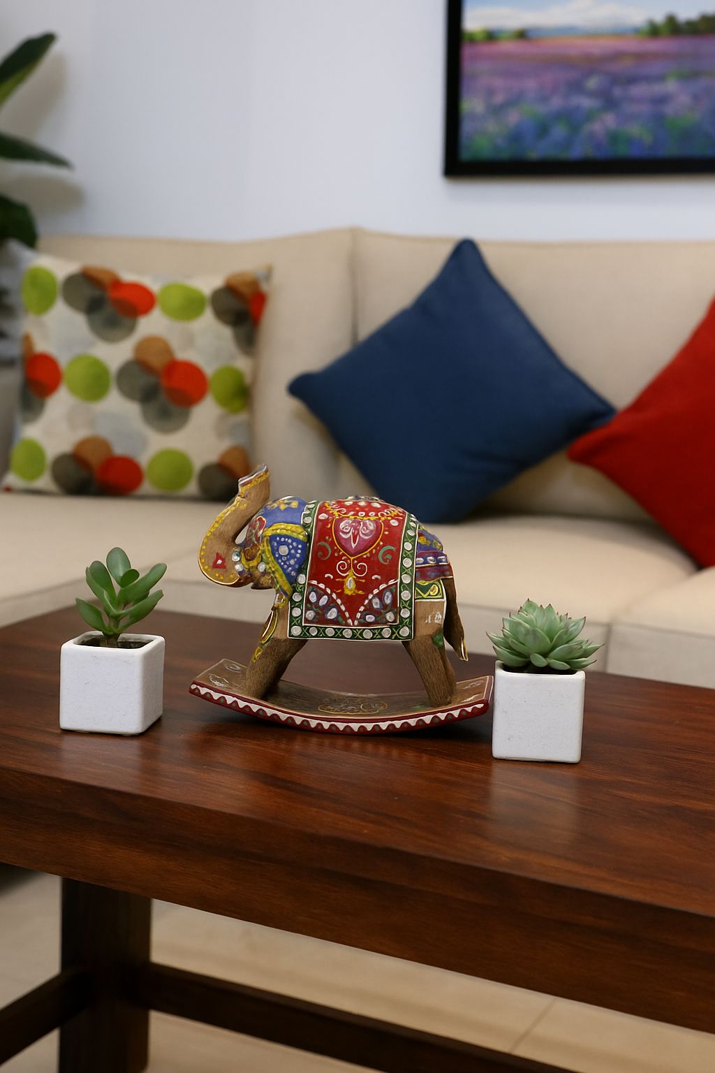 Hand-Painted Wooden Rocking Elephant Showpiece – Ethnic Table Decor