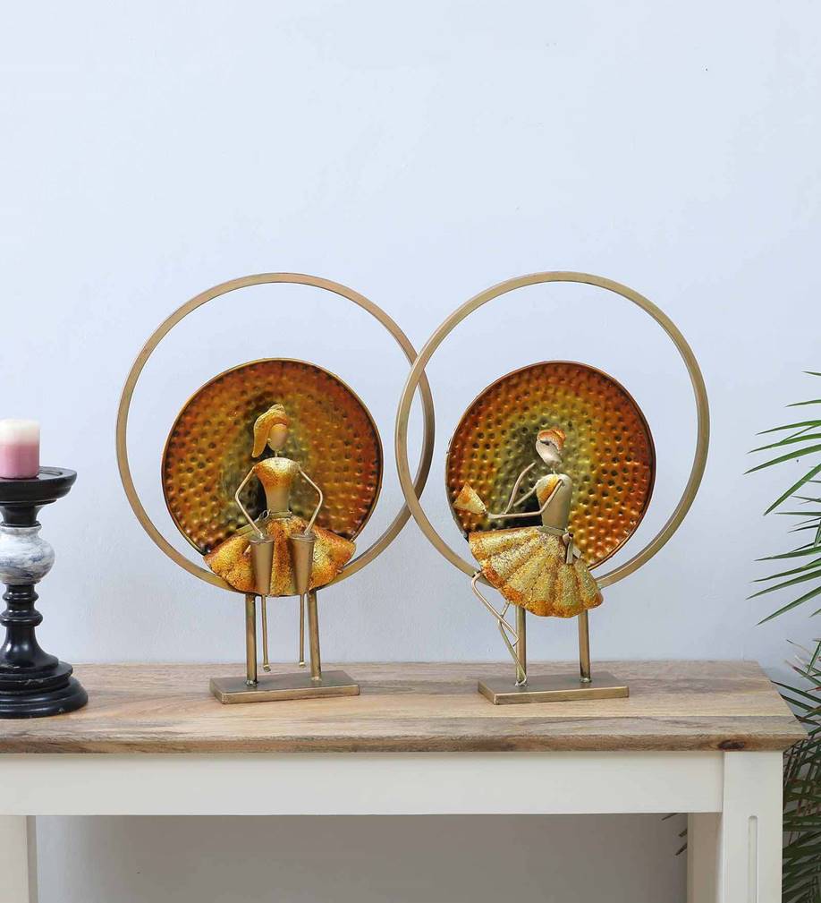 Handcrafted Iron Musician Figurines with Circular Frame – Golden Metal Art Showpiece Set of 2