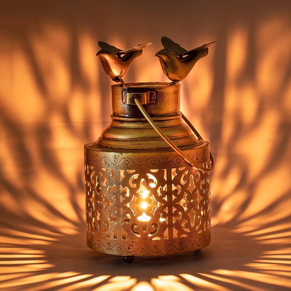 Handcrafted Metal Lantern with Bird Design – Warm Ambient Light Decor for Home & Gifts